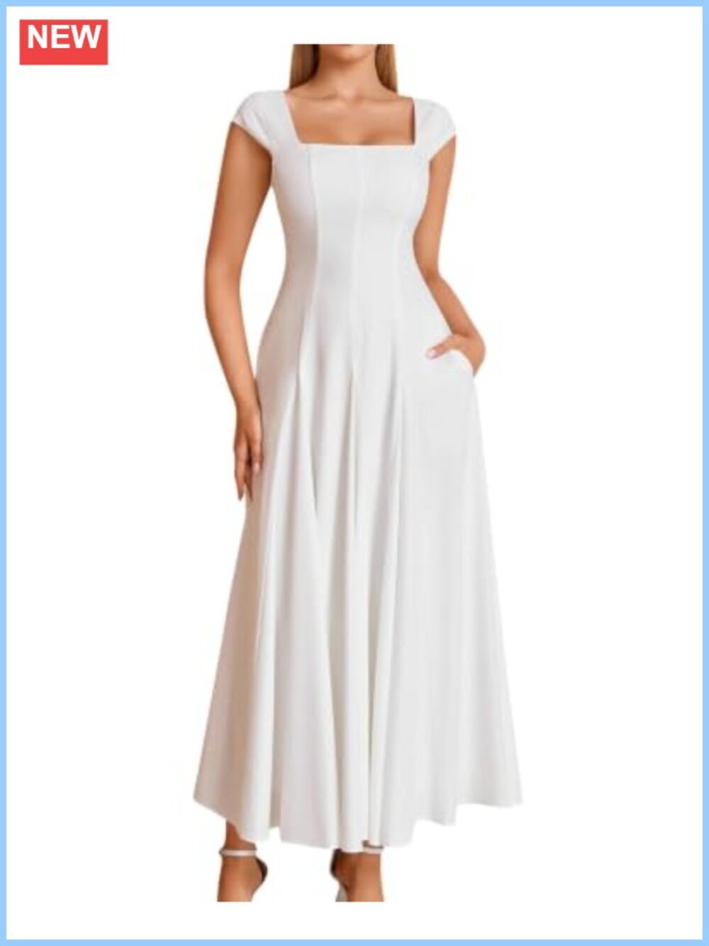 Corset Square Neck Cap Sleeve Lace Up Back A-Line Midi Dress Wedding Guest